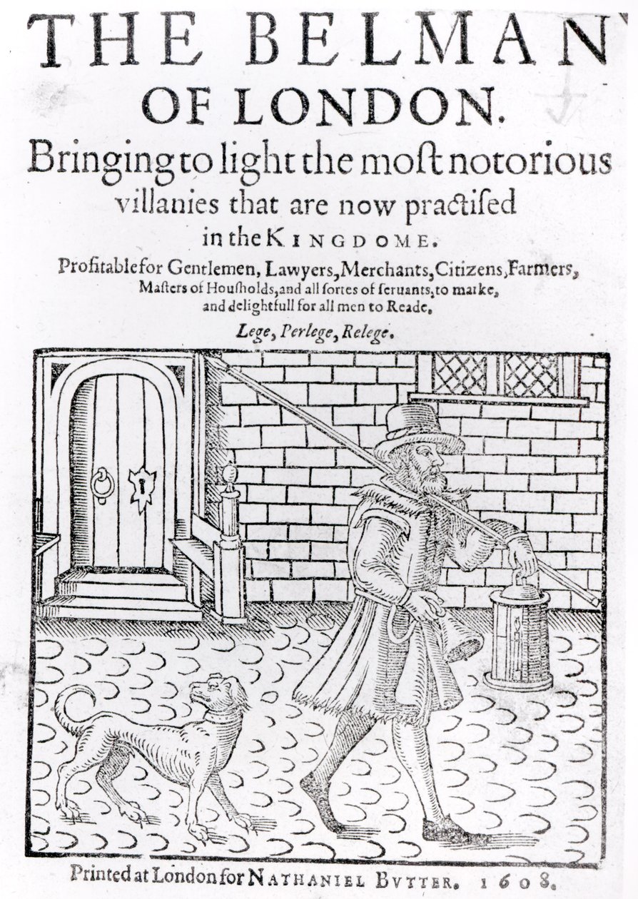 The Bellman of London, por Thomas Dekker (c.1570-c.1641) página de título, impresso por Nathaniel Butter, 1608 de English School