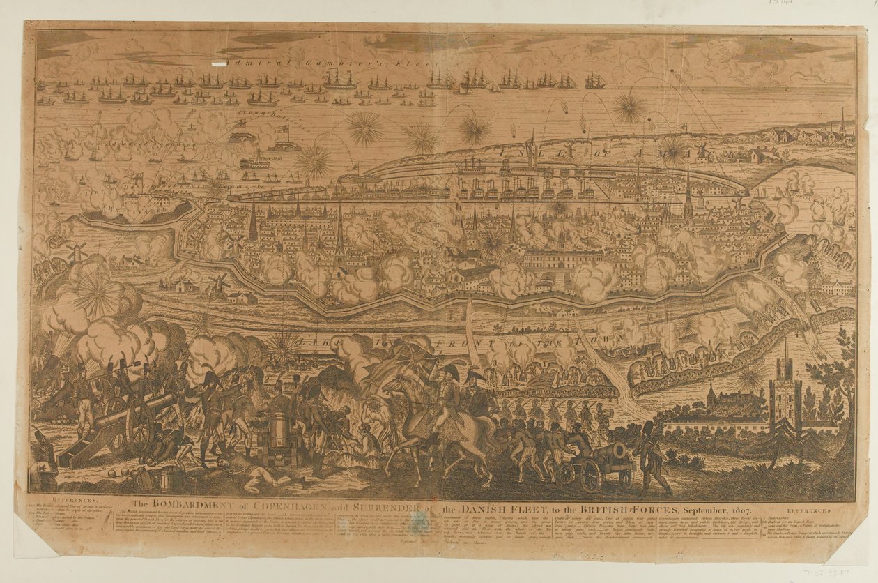 O bombardeio de Copenhague e a rendição da frota dinamarquesa, setembro de 1807, publicado por John Fairburn em 1807 de English School