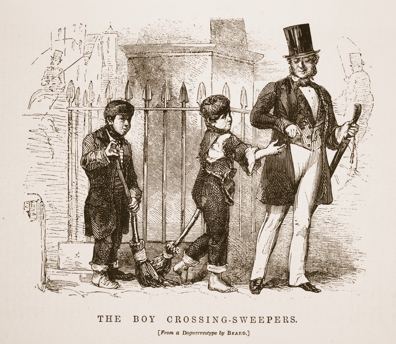 As vassouras do menino, do daguerreotype por Richard Beard, da ilustração do trabalho de Londres e da Londres pobres por Henry Mayhew, bar. 1862 de English School