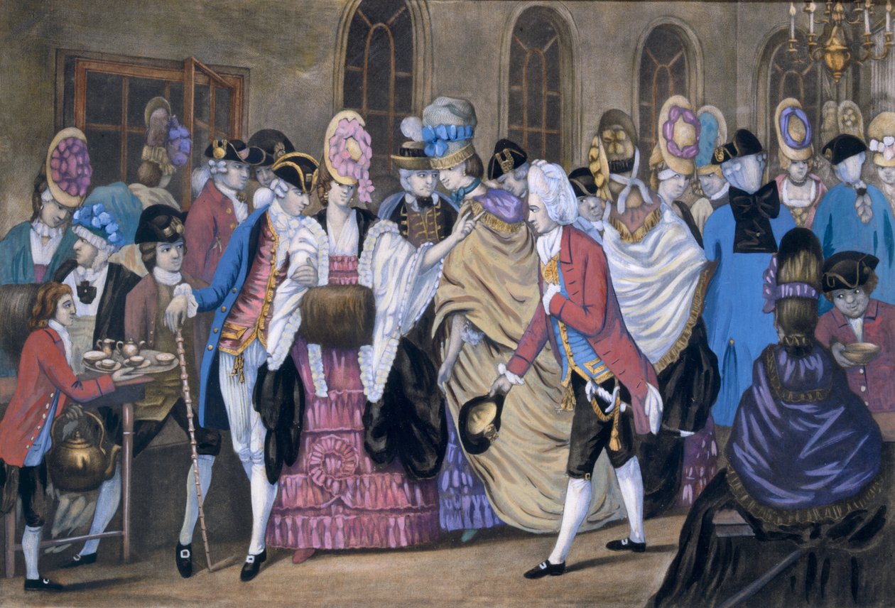 O Pão e Manteiga Manufactory, ou os Humores de Bagnigge Wells, pub. Por Carington Bowles, 1772 99: Estilo Macarrão; traje tradicional; vestido tradicional; moda; chaleira; copos; de English School