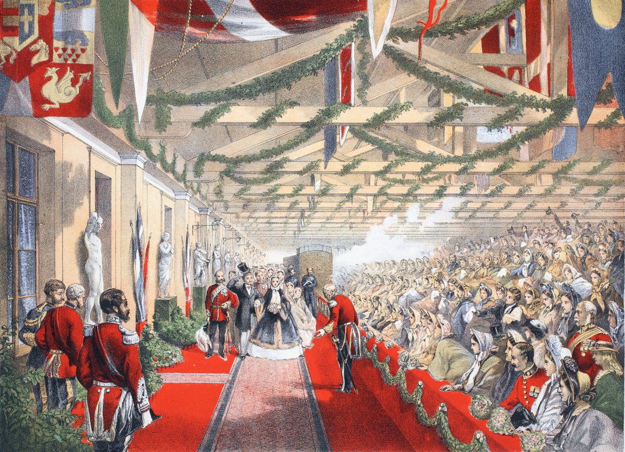 A estação de armas de pedreiros, 7 de março de 1863, de um Memorial do casamento de Eduardo VII e Alexandra da Dinamarca, pub. 1864 de English School