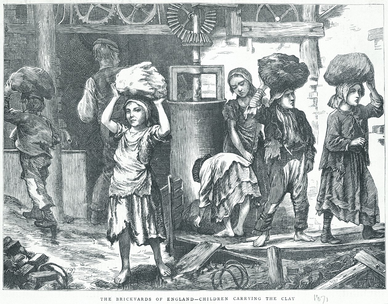 Os Brickyards da Inglaterra, crianças carregando o barro, 1871 de English School