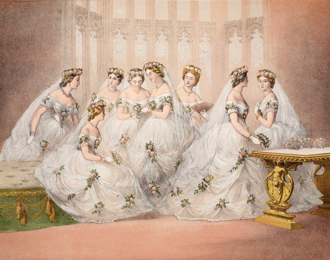 The Bridesmaids, 10 de março de 1863, de Um Memorial do Casamento de Eduardo VII e Alexandra da Dinamarca, pub. 1864 de English School