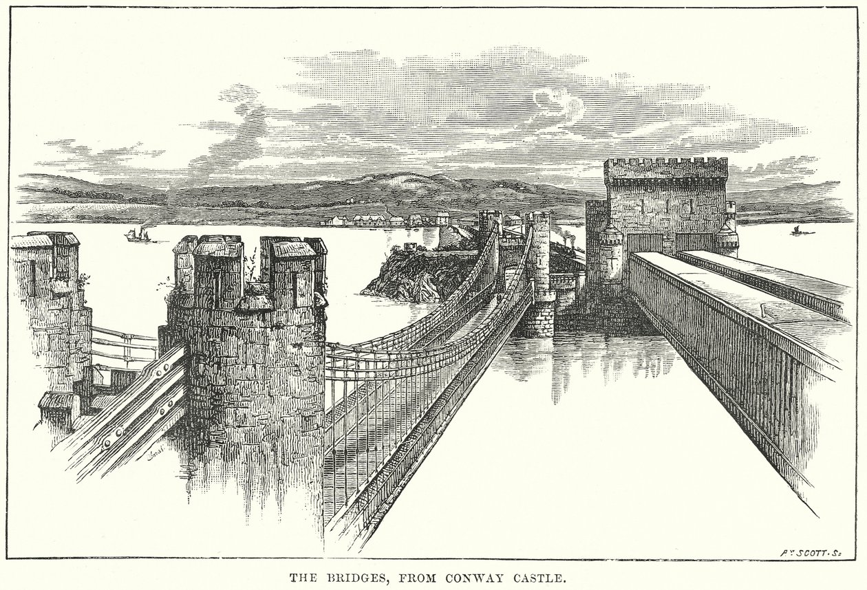 As pontes, a partir do Castelo de Conway (gravura) de English School