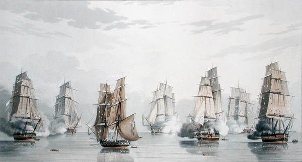 O Esquadrão Britânico sob o Comando do Capitão Charles Marsh Schomberg e o Esquadrão Francês sob o Comando do Comodoro Roquebert, Becalmed pouco depois do início da Acção ao largo de Madagáscar, 20 de Maio de 1811 (cor litho) de English School