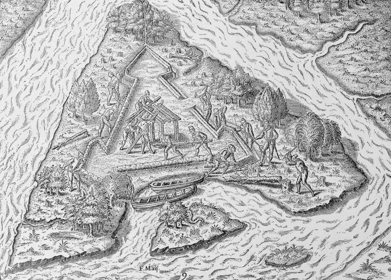 "O edifício de Fort Caroline", de "A história narrativa e crítica da América", editado por Justin Winsor, Londres, 1886 de English School