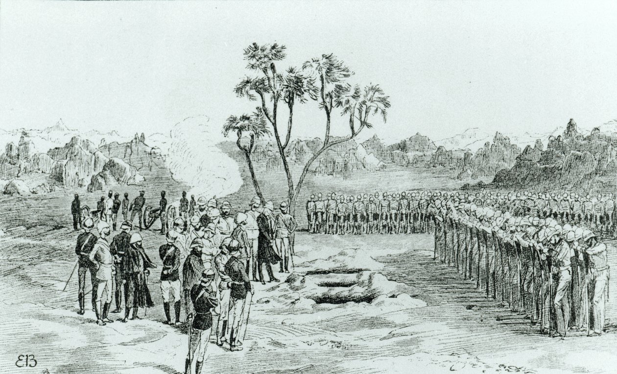 O enterro do general Earle e coronéis Eyre e Coveney em Kirbekan, da campanha das cataratas pelo general William Francis Butler, publicado em 1887 de English School