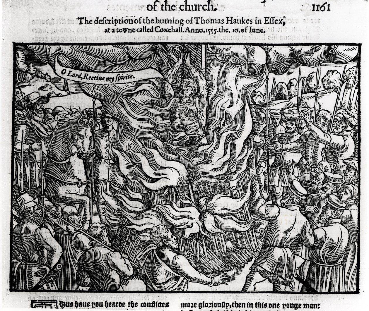 A queima de Thomas Haukes, 10 de junho de 1555, de "Atos e Monumentos" de John Foxe (1516-87) 1563 de English School