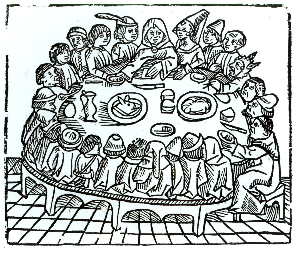 Os peregrinos de Canterbury, sentados para uma refeição compartilhada, ilustração de "Canterbury Tales", de Geoffrey Chaucer (c.1345-1400), impressa por Wynkyn de Worde, c.1485 de English School