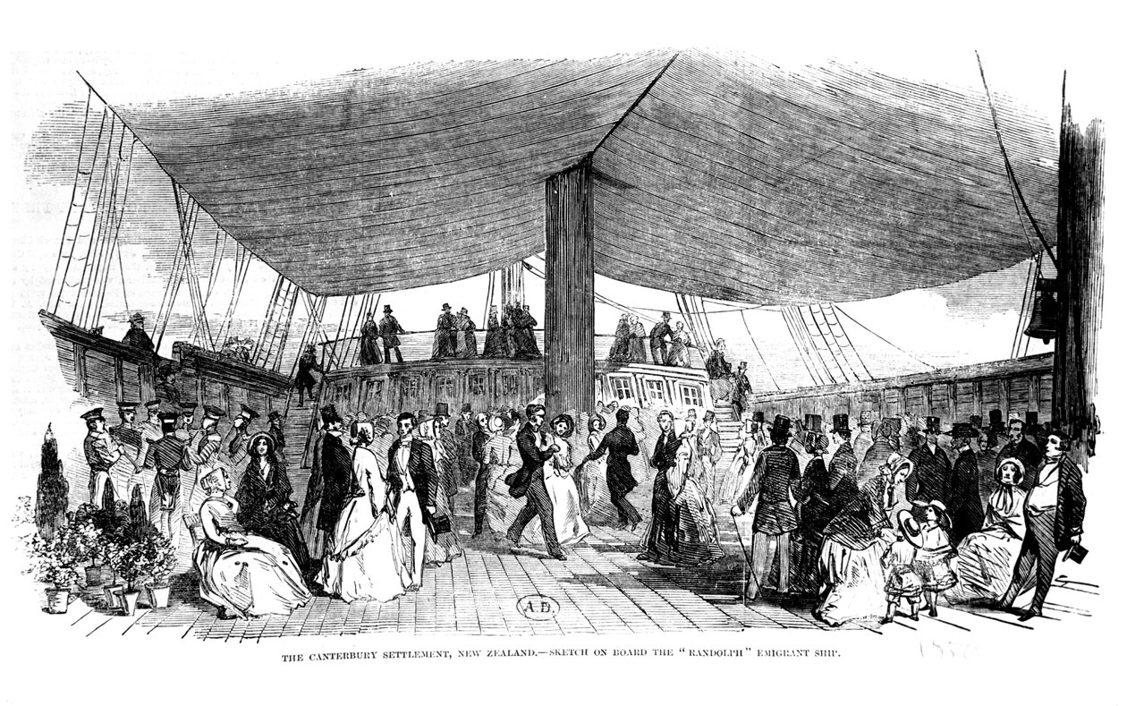 The Canterbury Settlement, Nova Zelândia - esboço a bordo do navio Randolph Emigrant, 1850 de English School
