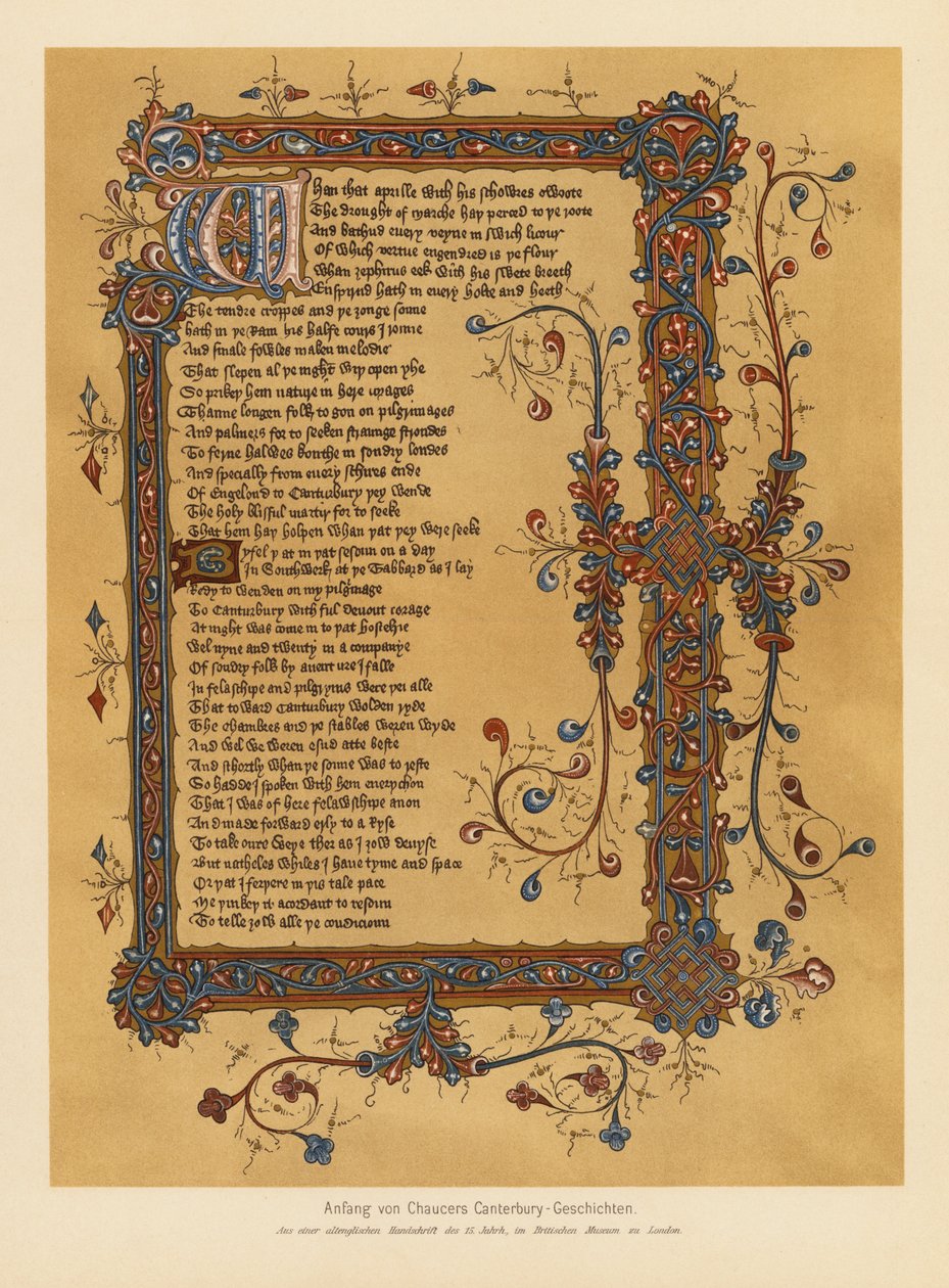 Os Contos de Cantuária de Geoffrey Chaucer (litografia a cores) de English School
