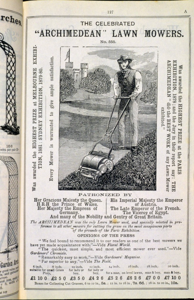 Os célebres cortadores de grama de Arquimedes, do Novo Catálogo Ilustrado de Implementos de Jardim, Mobiliário de Jardim e Requisitos, publicado por Wrinch & Sons, 1893 de English School