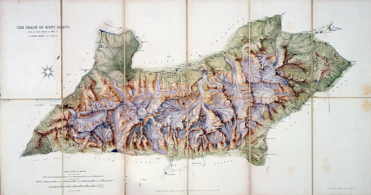 A cadeia do Mont Blanc, de uma pesquisa real em 1863 por A. Adams Reilly, publicada em A Record of Mountain Adventure e Scientific Observation for the Alpine Club, 1865 de English School
