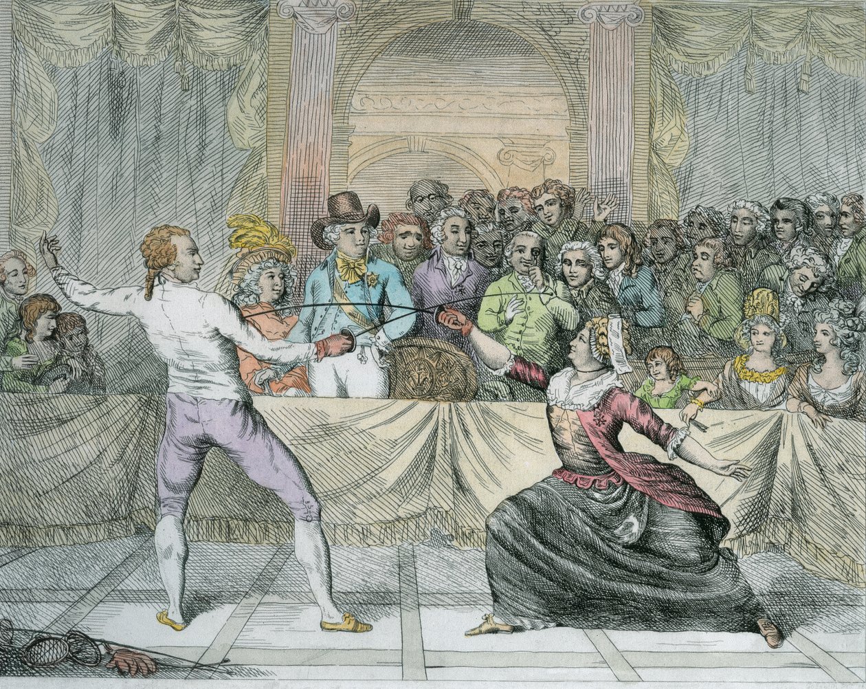 O Chevalier dEon, vestido de mulher, em uma partida de esgrima (posterior coloração) de English School