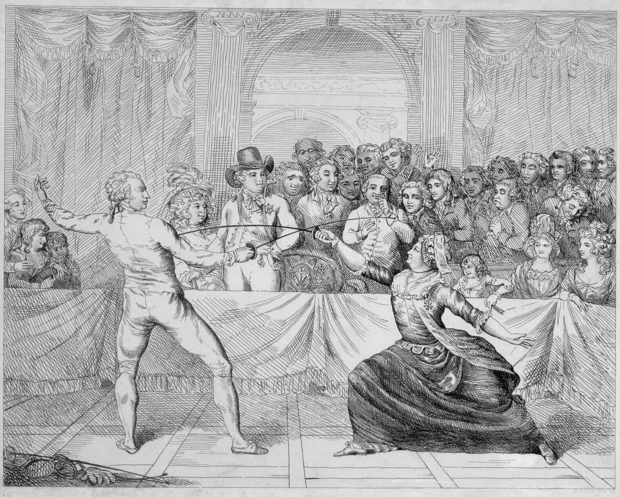 O Chevalier dEon, vestido de mulher, em uma partida de esgrima de English School