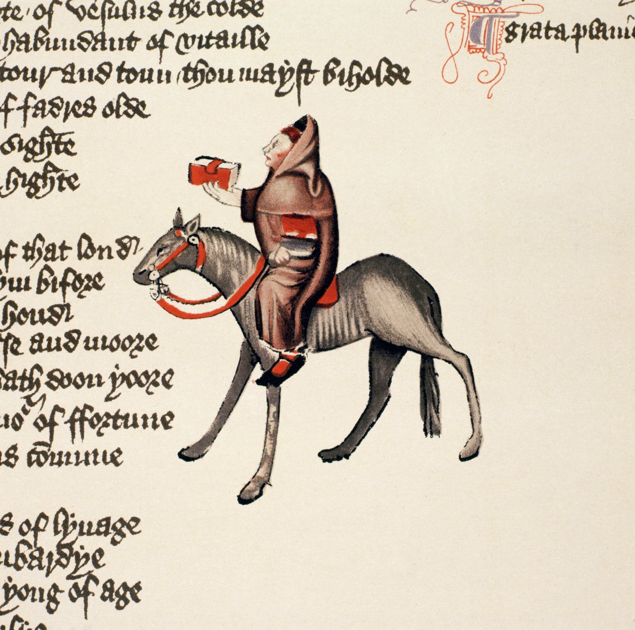 The Clerk of Oxfords Tale, detalhe de The Canterbury Tales, por Geoffrey Chaucer (c.1342-1400) Ellesmere Manuscrito, edição fac-símile, 1911 (para detalhes originais ver 128942) de English School