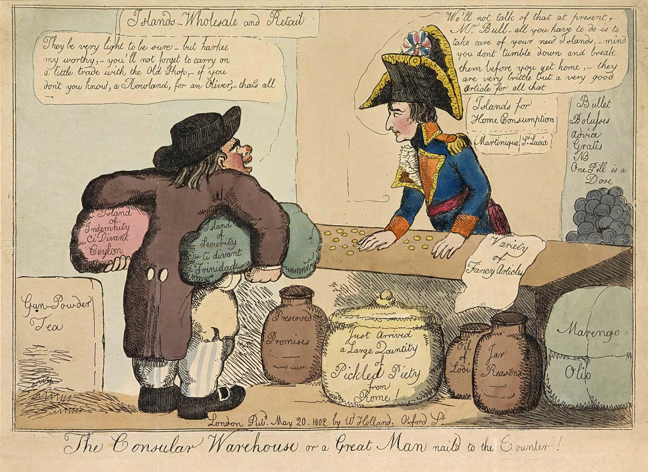 O Armazém Consular ou um Grande Homem pregado ao balcão, pub. 1802 (gravura a cores) de English School