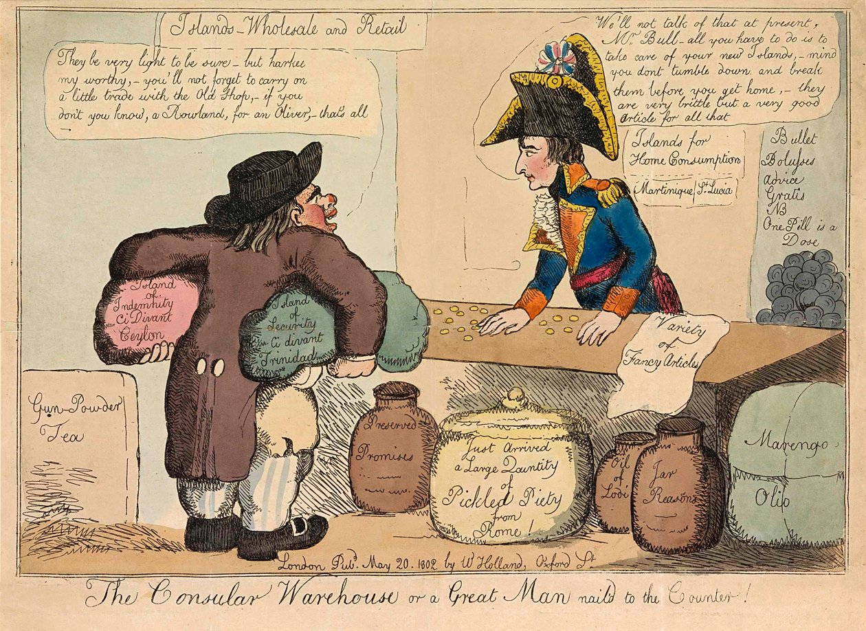O armazém consular ou um grande homem pregado ao balcão, bar. 1802 gravura colorida à mão. de English School