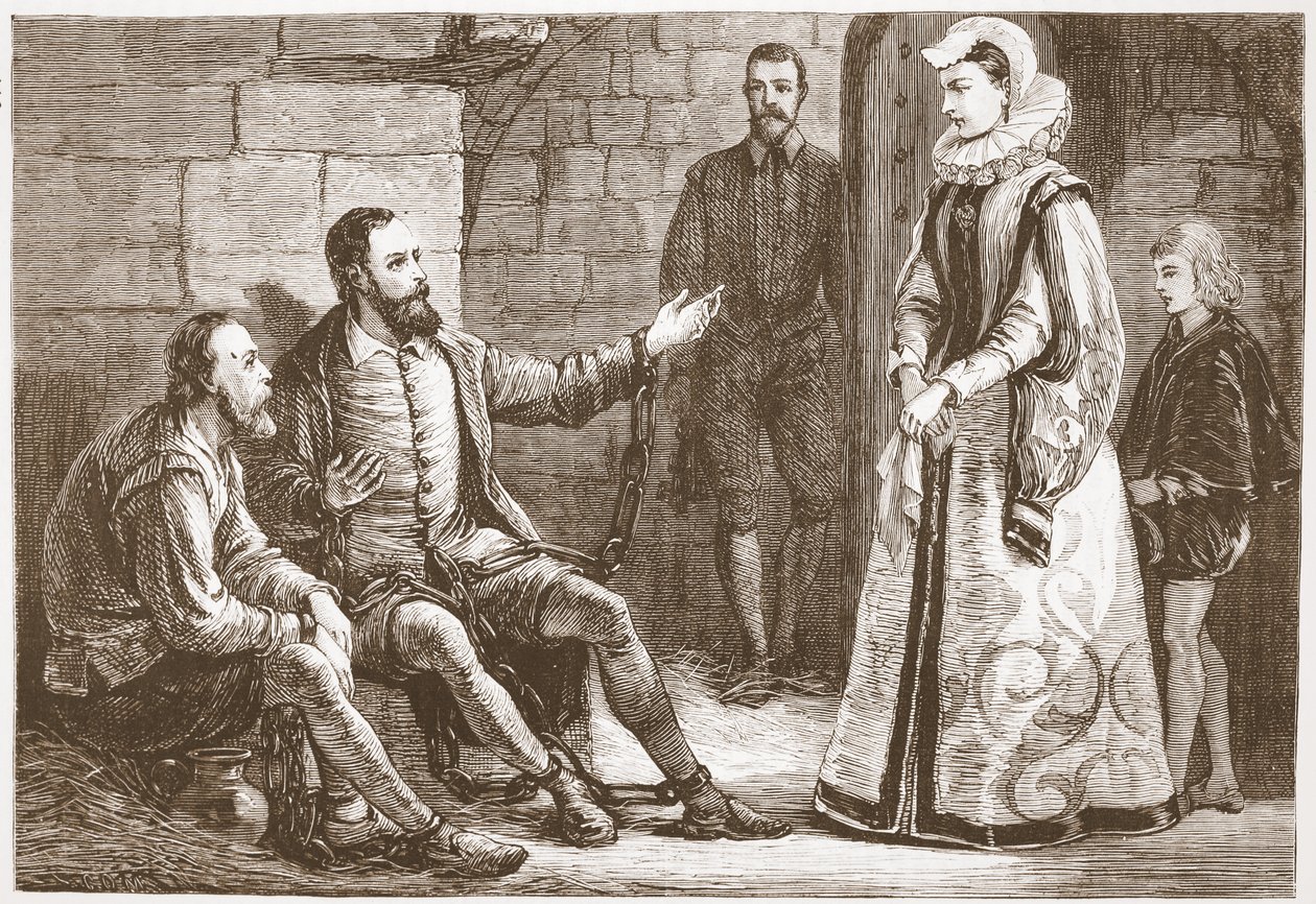 O condessa de Reux que visita De Bray e La Grange na prisão, ilustração da história do protestantismo por James Aitken Wylie (1808-1890), bar. 1878 de English School
