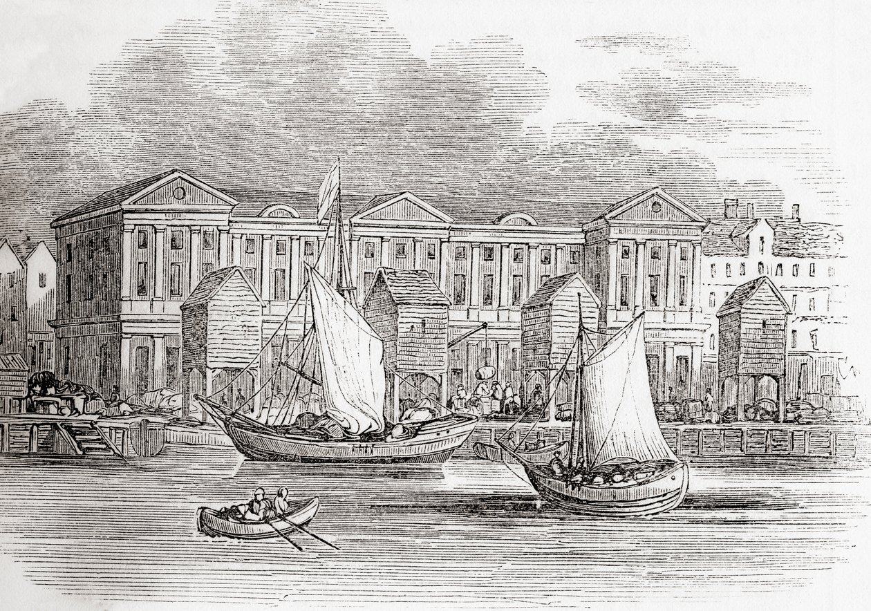 The Custom House, Londres, Inglaterra, tal como apareceu antes do Grande Fogo, da Velha Inglaterra: Um Museu Pictórico, pub. 1847 de English School
