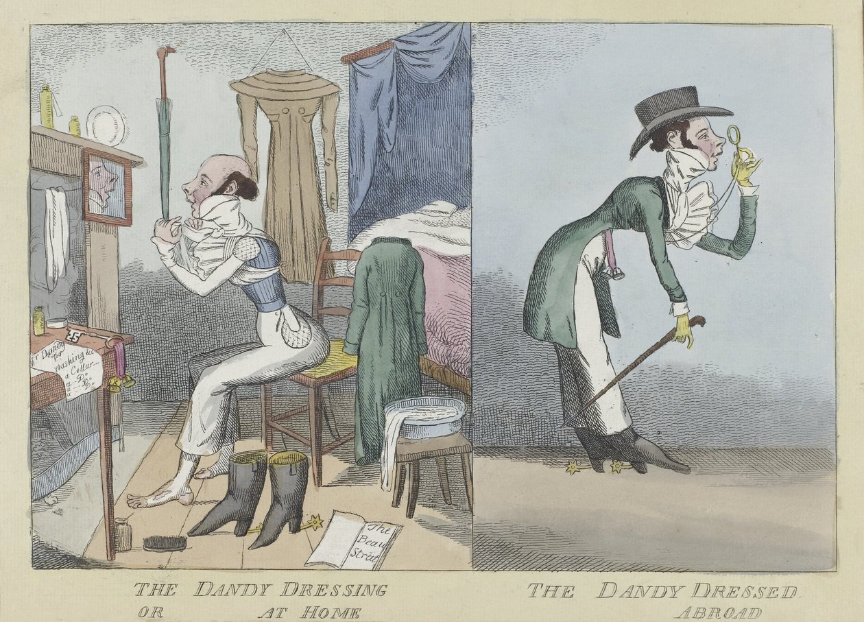 The Dandy Dressing ou At Home, The Dandy Dressed Abroad, pub.c.1820 (gravação a cores à mão) de English School