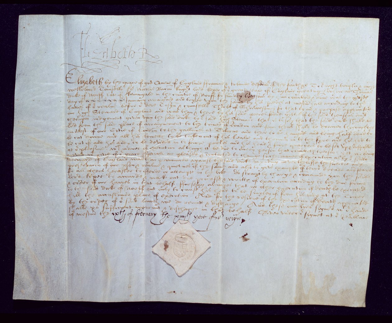 O Mandado de Morte de Thomas Howard, 4º Duque de Norfolk, assinado pela Rainha Elizabeth I, de 1572 (tinta em pergaminho) de English School