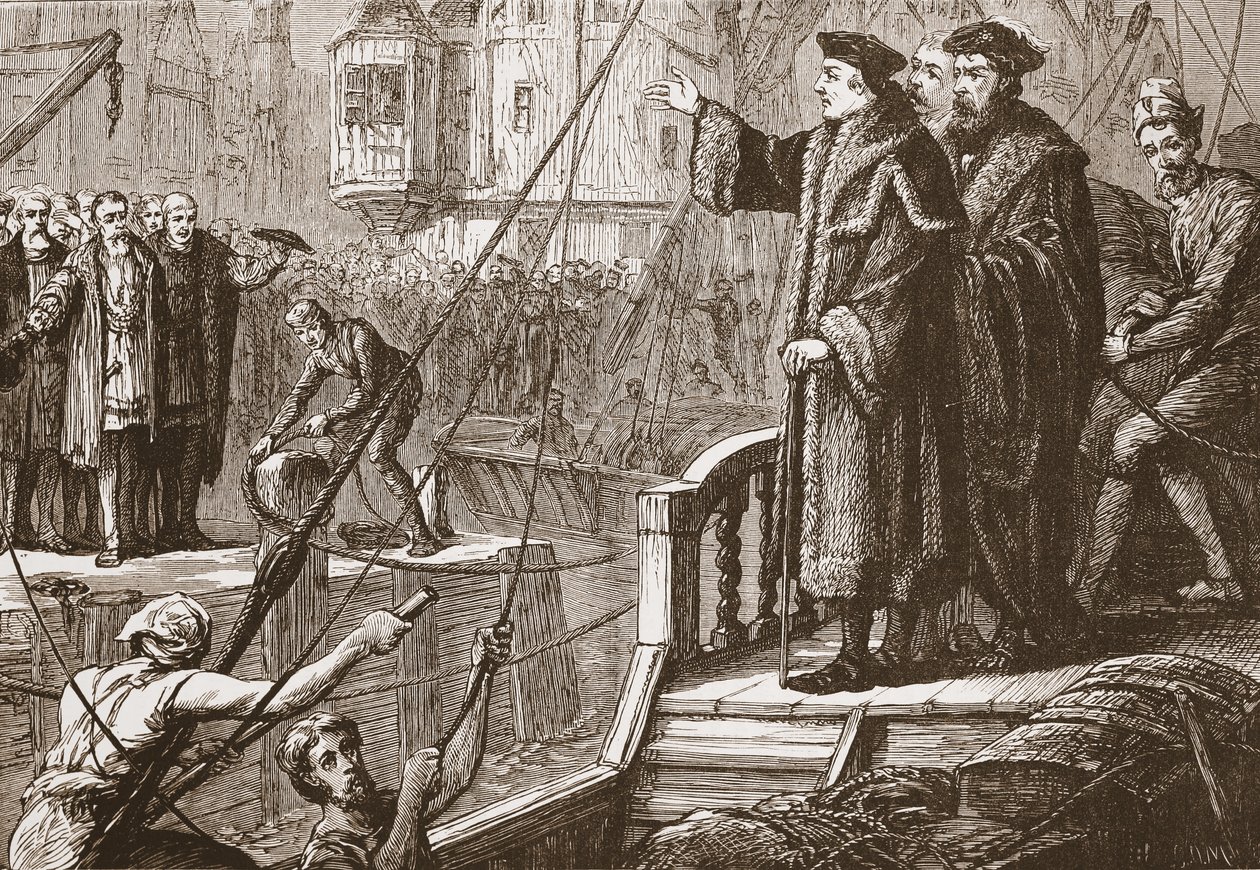 A partida de Erasmus de Basileia, ilustração da história do protestantismo por James Aitken Wylie (1808-1890), bar. 1878 de English School