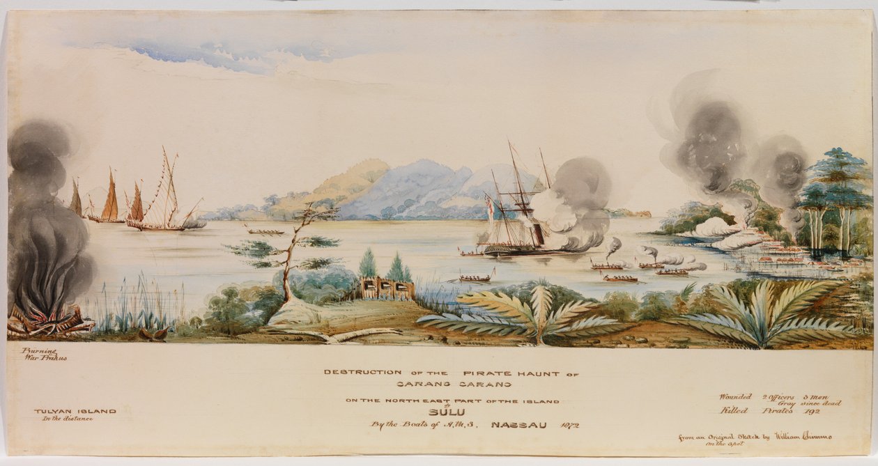 A Destruição do Pirata Assombrado de Carang Carang na Parte Nordeste da Ilha de Sulu pelos Barcos do HMS Nassau em 1872 de English School