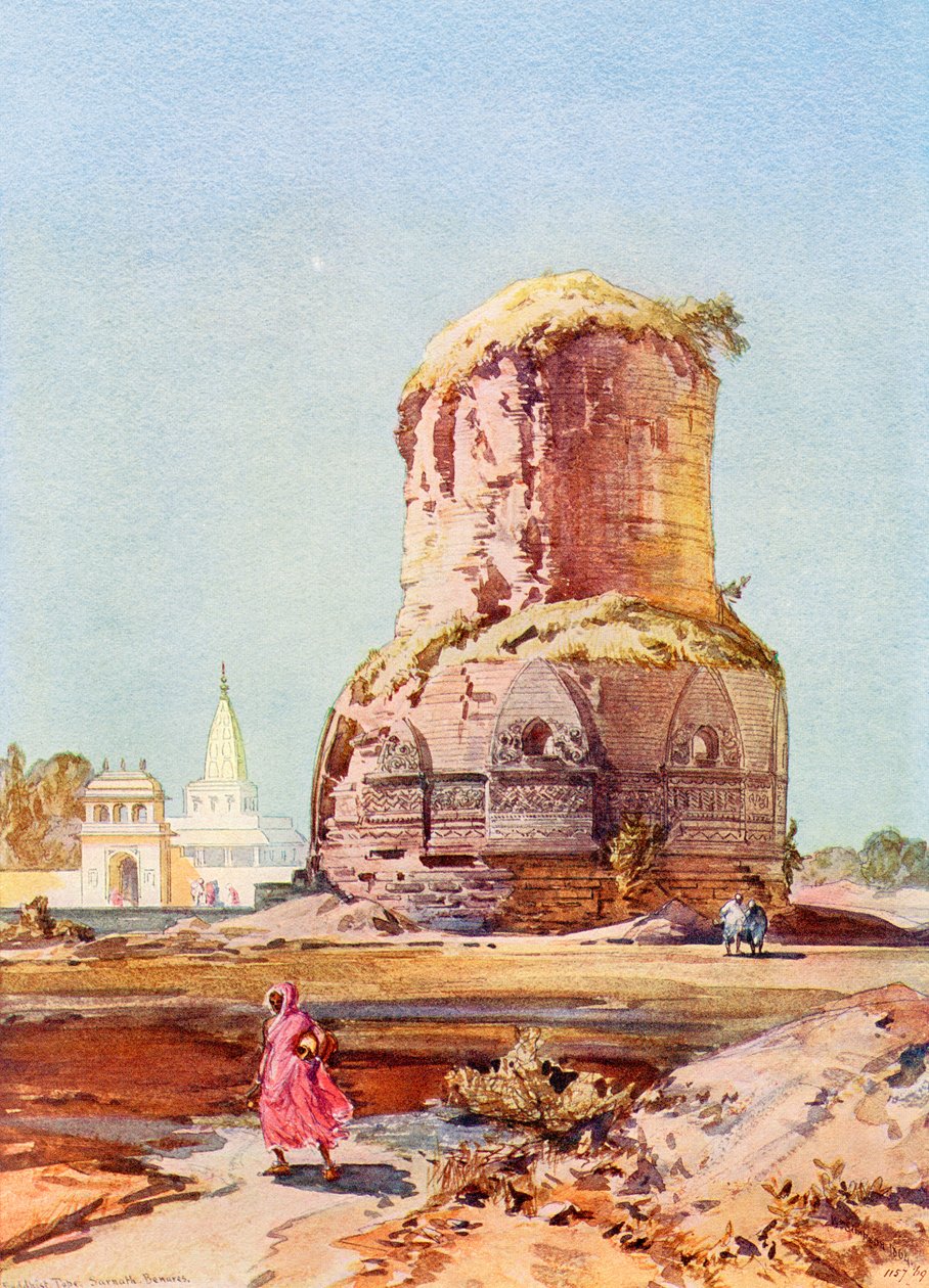 A Stupa de Dhamek, Sarnath, Uttar Pradesh, de The Wonders of the World, pub. c.1920 (gravura) de English School