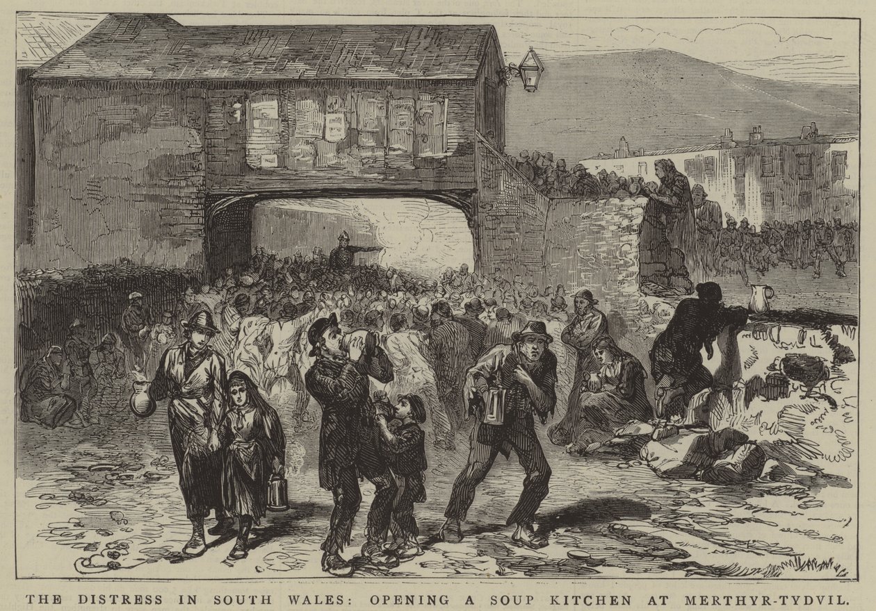 A Angústia no Sul do País de Gales, Abertura de uma cozinha de sopa em Merthyr-Tydvil (gravura) de English School