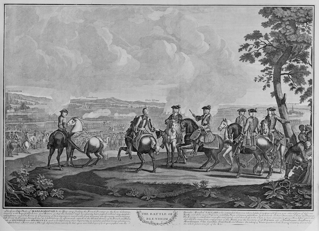 O duque de Marlborough (1650-1722) e sua equipe na batalha de Blenheim em 13 de agosto de 1704, c.1704 (linha de gravura) de English School
