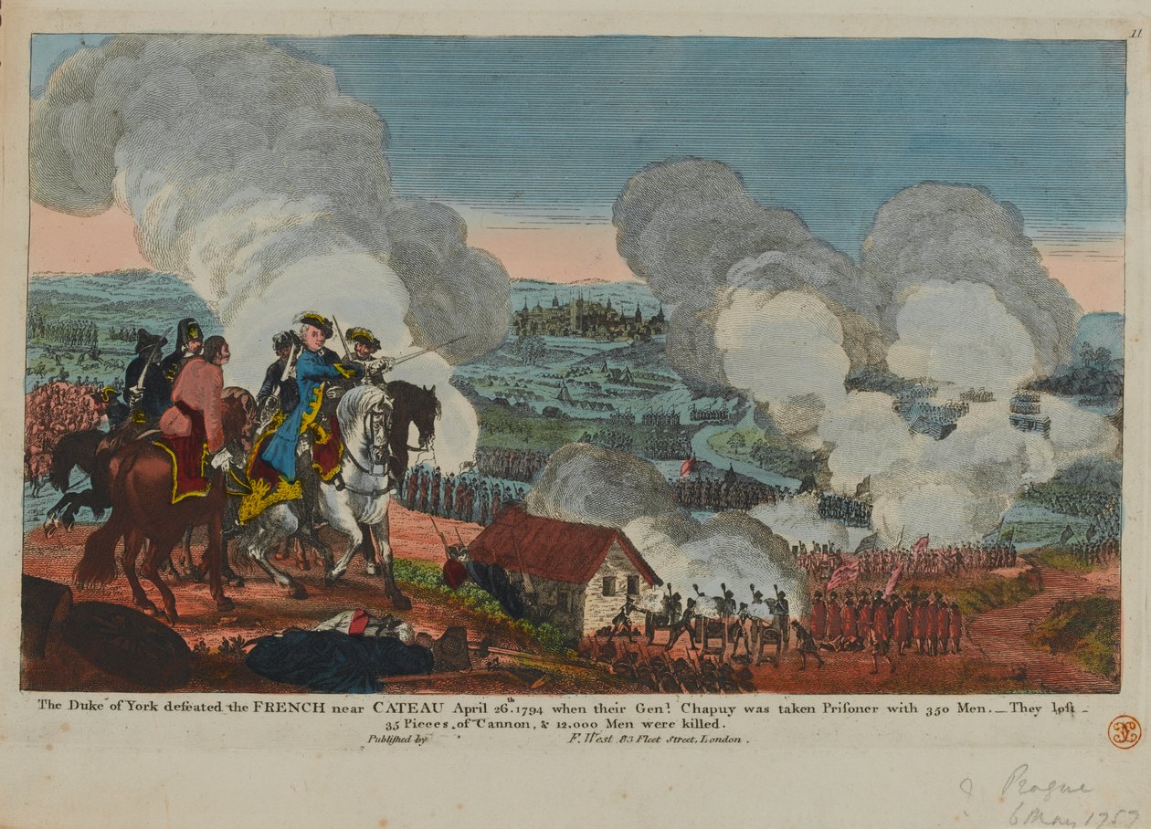 O Duque de York (1763-1827), derrotando os franceses perto de Cateau, em 26 de abril de 1794, de um conjunto de cenas de Guerra dos Sete Anos, publicado por F. West, 1834 de English School