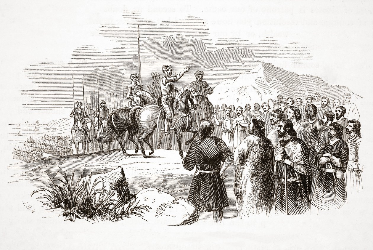 O conde de Richmond que endereça os caciques galeses em Milford Haven, bar. Século XIX (gravura em aço) de English School