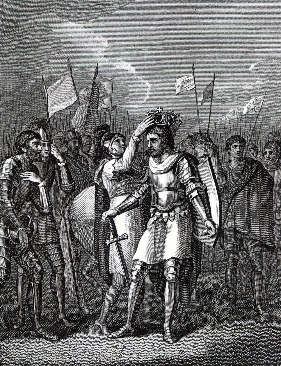 O conde de Richmond escolheu o rei depois da Batalha de Bosworth, de "A História da Inglaterra", de David Hume e Tobias Smollett, 1804 de English School