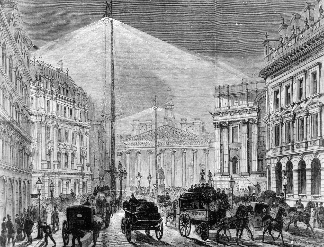 A luz elétrica na casa da mansão, de The Illustrated London News 1881 de English School