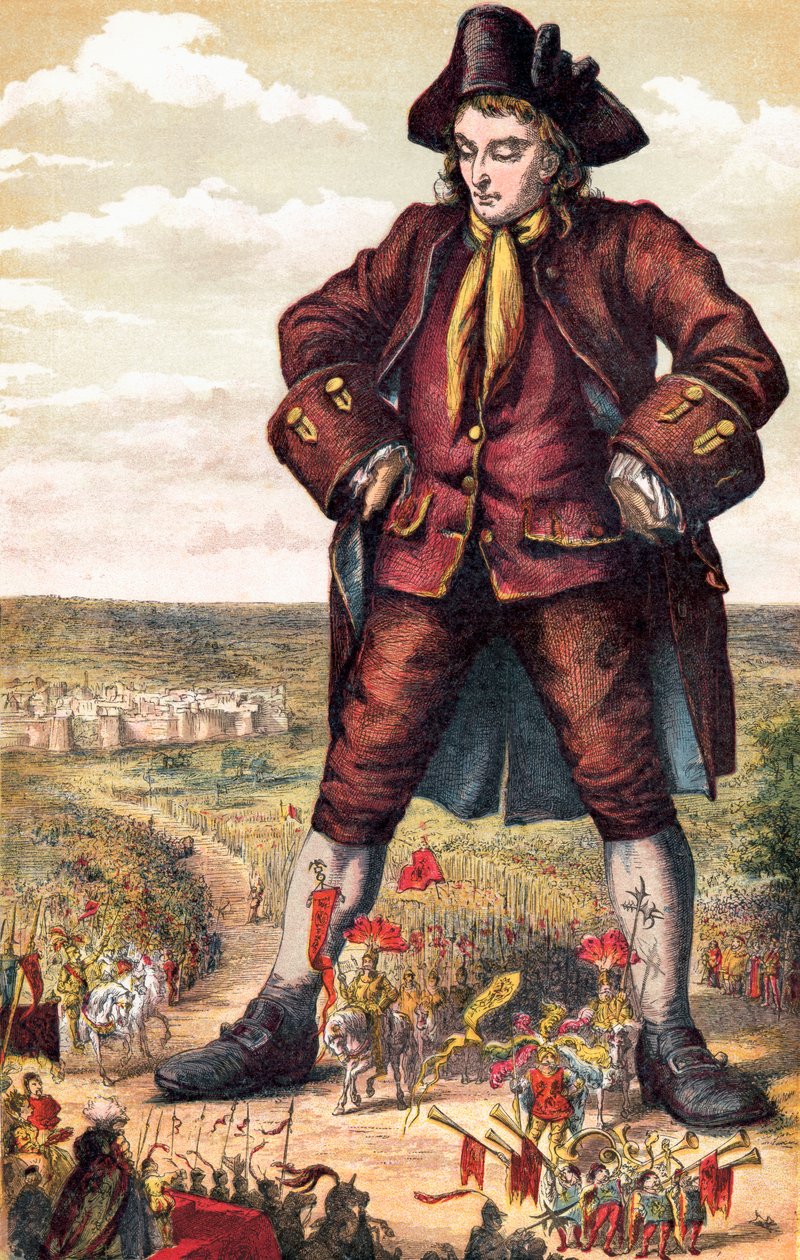 O Imperador de Lilliput e o seu exército marchando entre as pernas de Gulliver, de 