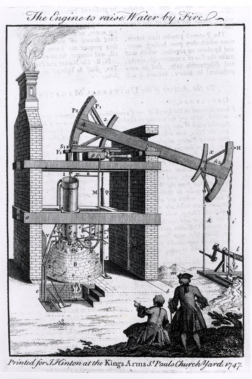 O motor para elevar a água pelo fogo, um diagrama do motor a vapor Newcomens para a revista Universal, 1747 de English School