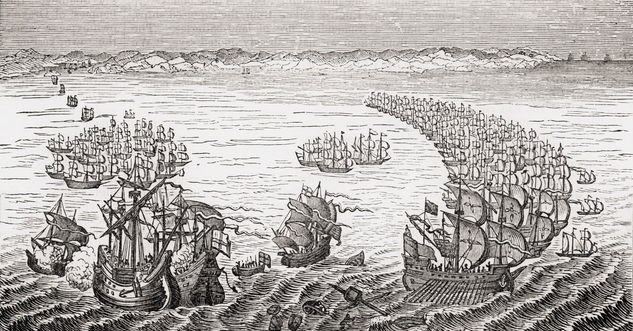 A Frota Inglesa, comandada por Sir Francis Drake, atacando a armada espanhola em 1588, de "Old England&39;s Worthies", de Lord Brougham e outros, publicou Londres, em 1880 de English School