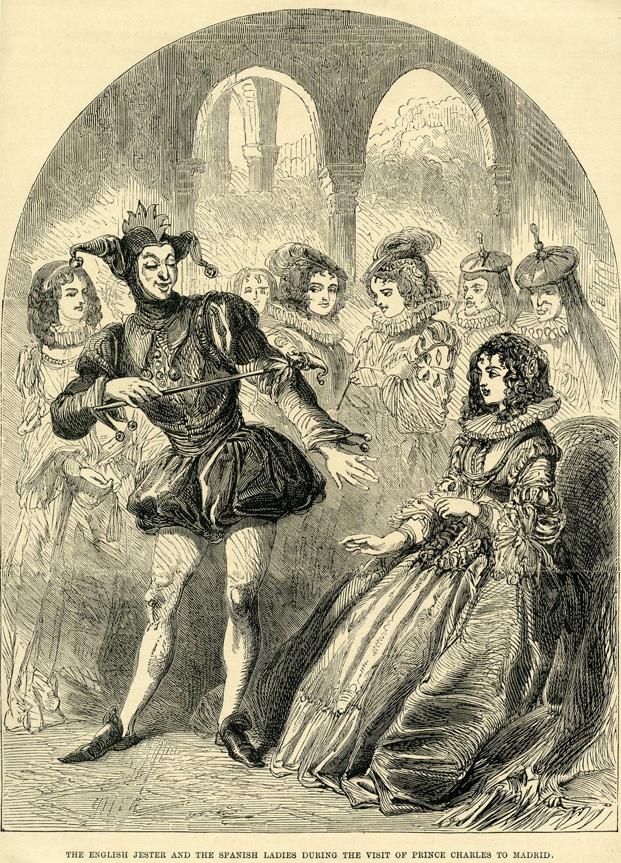 O bobo da corte inglês e as senhoras espanholas durante a visita Príncipe Charles a Madri de English School