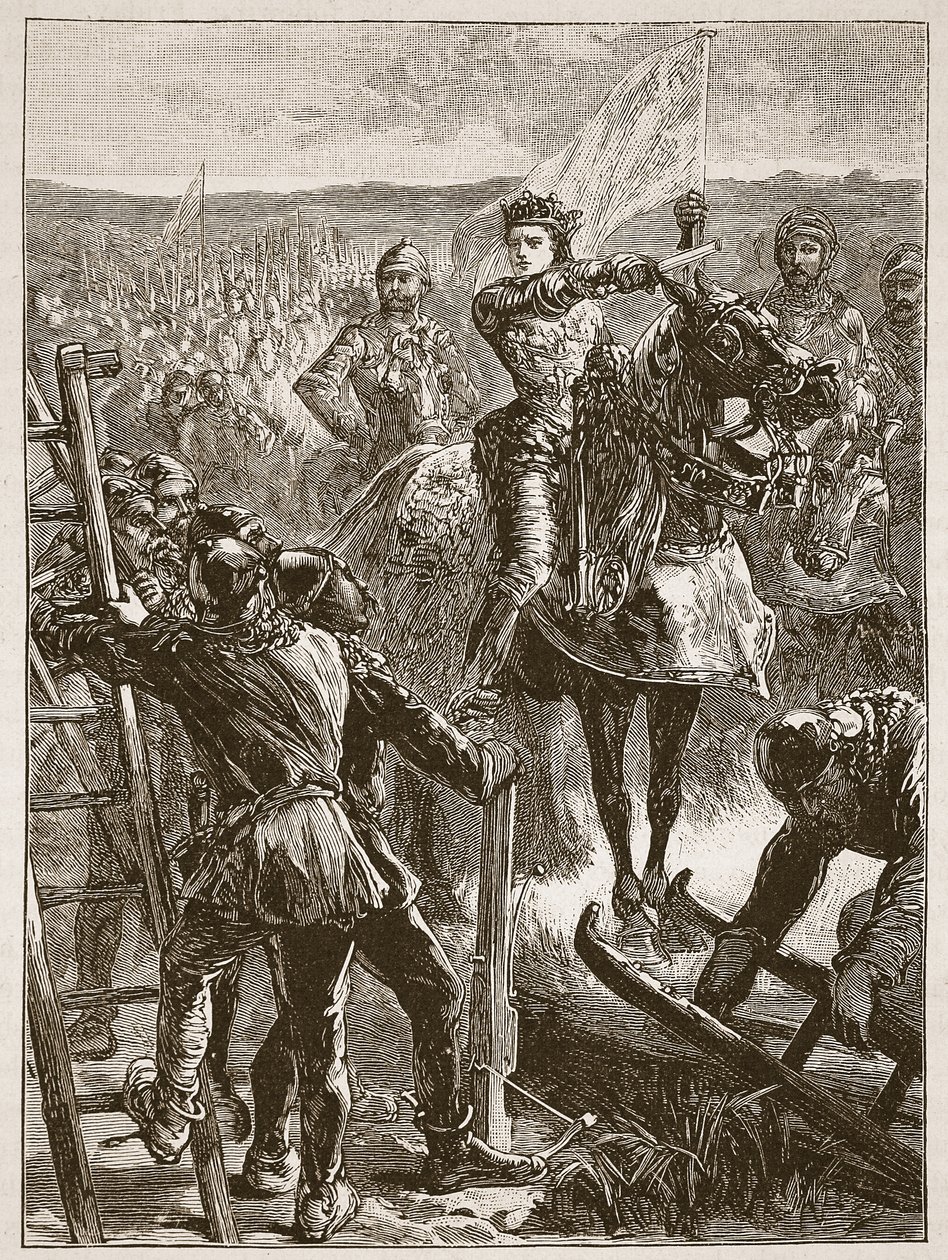 Os ingleses antes de Harfleur, ilustração de História ilustrada de Cassells da Inglaterra (foto sépia) de English School