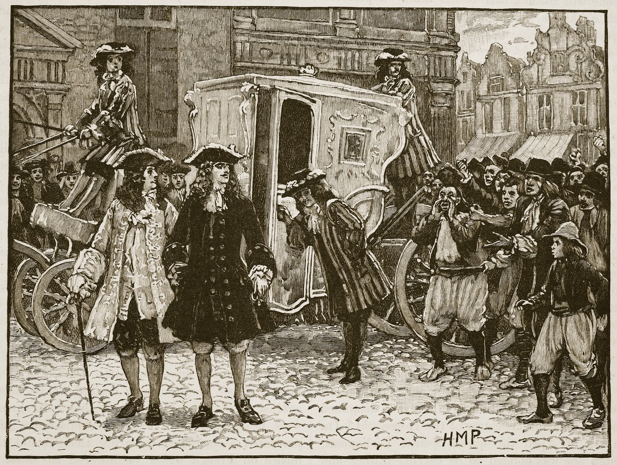 O plenipotente inglês insultou nas ruas de Utrecht, 1712, ilustração de Cassells Illustrated History of England (foto em sépia) de English School