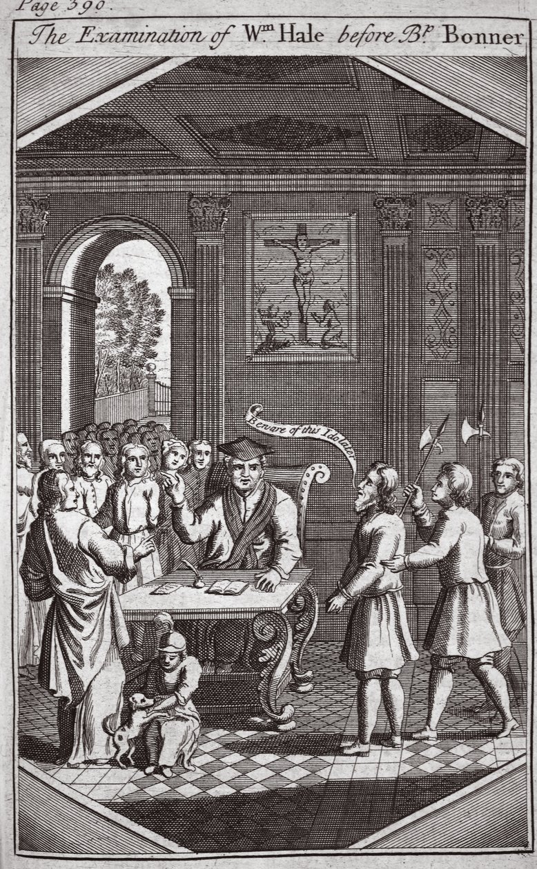 O Exame de Wm Hale diante do Bispo Bonner, ilustração de Foxes Martyrs c.1703 de English School