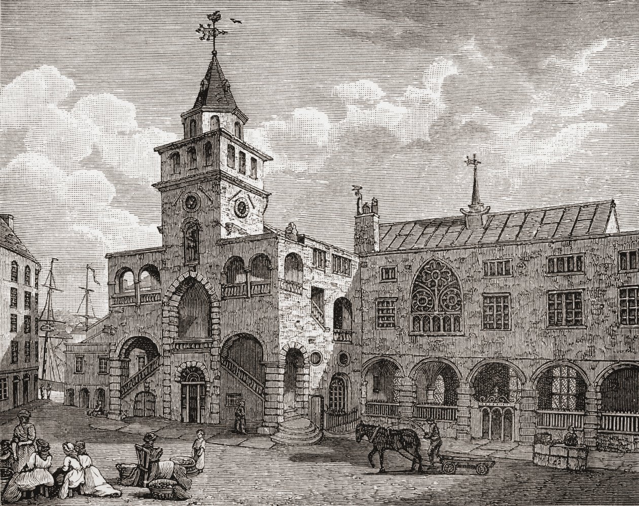 The Exchange, Newcastle upon Tyne no século 17, de "Uma Breve História do Povo Inglês" por JR Green, publicado em 1893 de English School