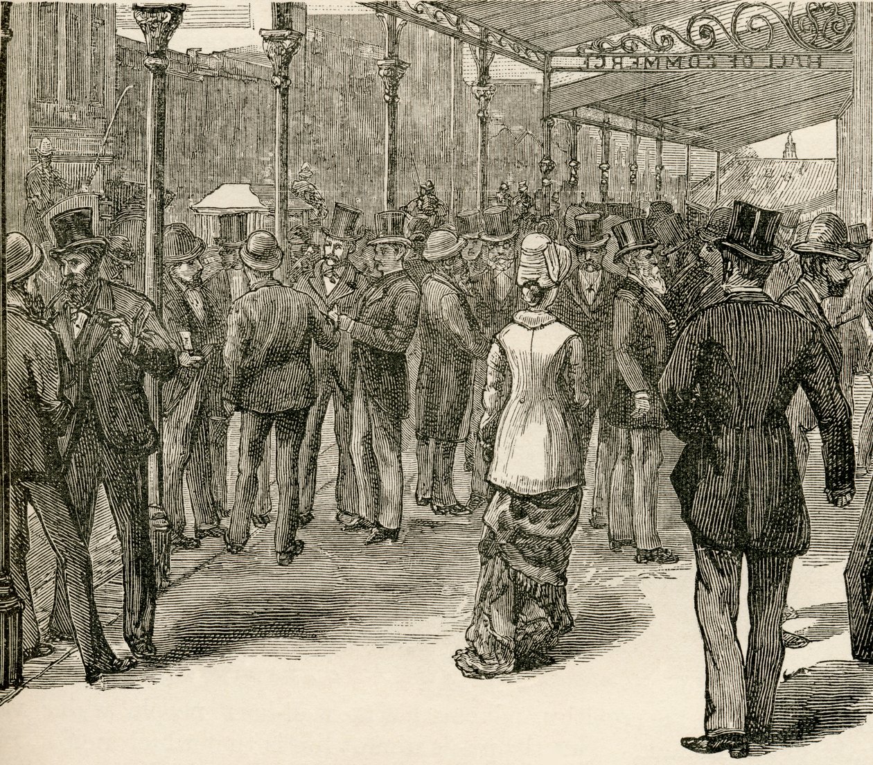 A troca no Hall of Commerce, Collins Street, Melbourne, de "Os habitantes do mundo" por GT Bettany, publicado em 1888 (gravura) de English School