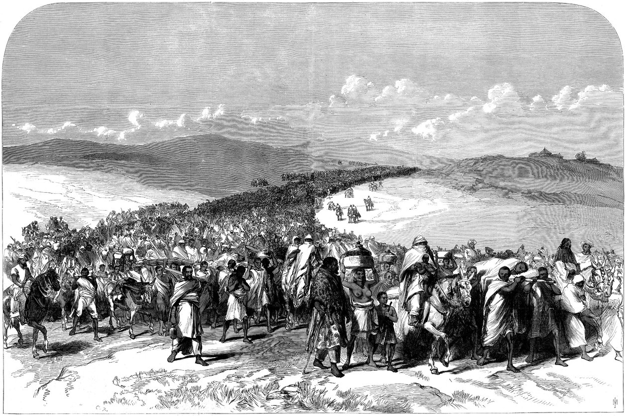 O Êxodo de Theodores Broken Army, da Expedição Britânica à Abissínia, 1868 de English School