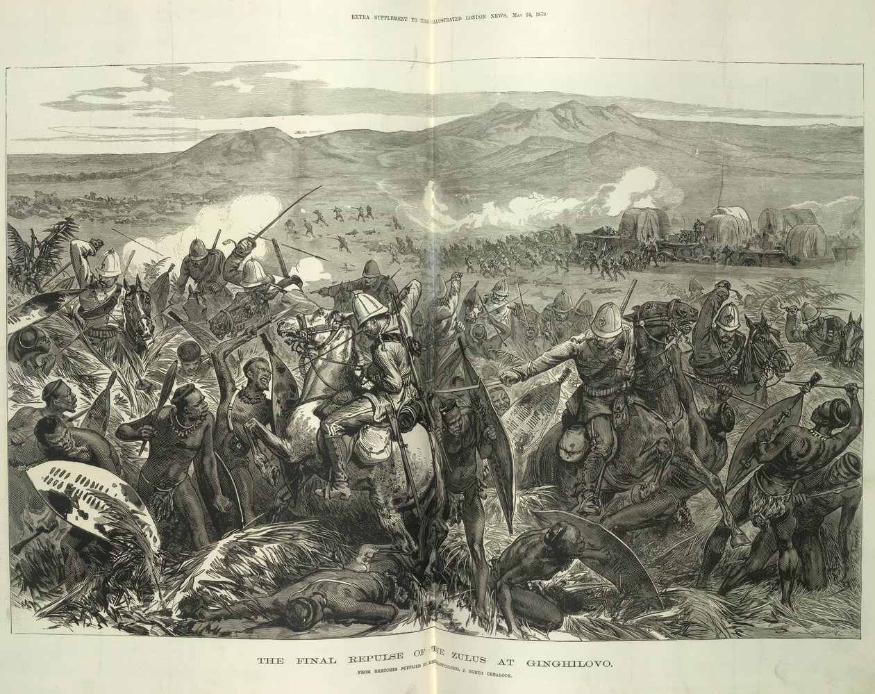 O Repulso Final dos Zulus em Ginghilovo, a partir de esboços fornecidos pelo Tenente-Coronel J. North Crealock. Ilustração de 
