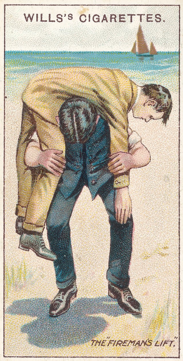 The Firemans Lift No.1, no.18 da série de primeiros socorros de cartões de cigarros Willss, 1913 de English School