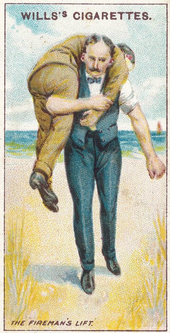 The Firemans Lift No.2, no.19 da série de primeiros socorros de cartões Willss Cigarettes, 1913 de English School