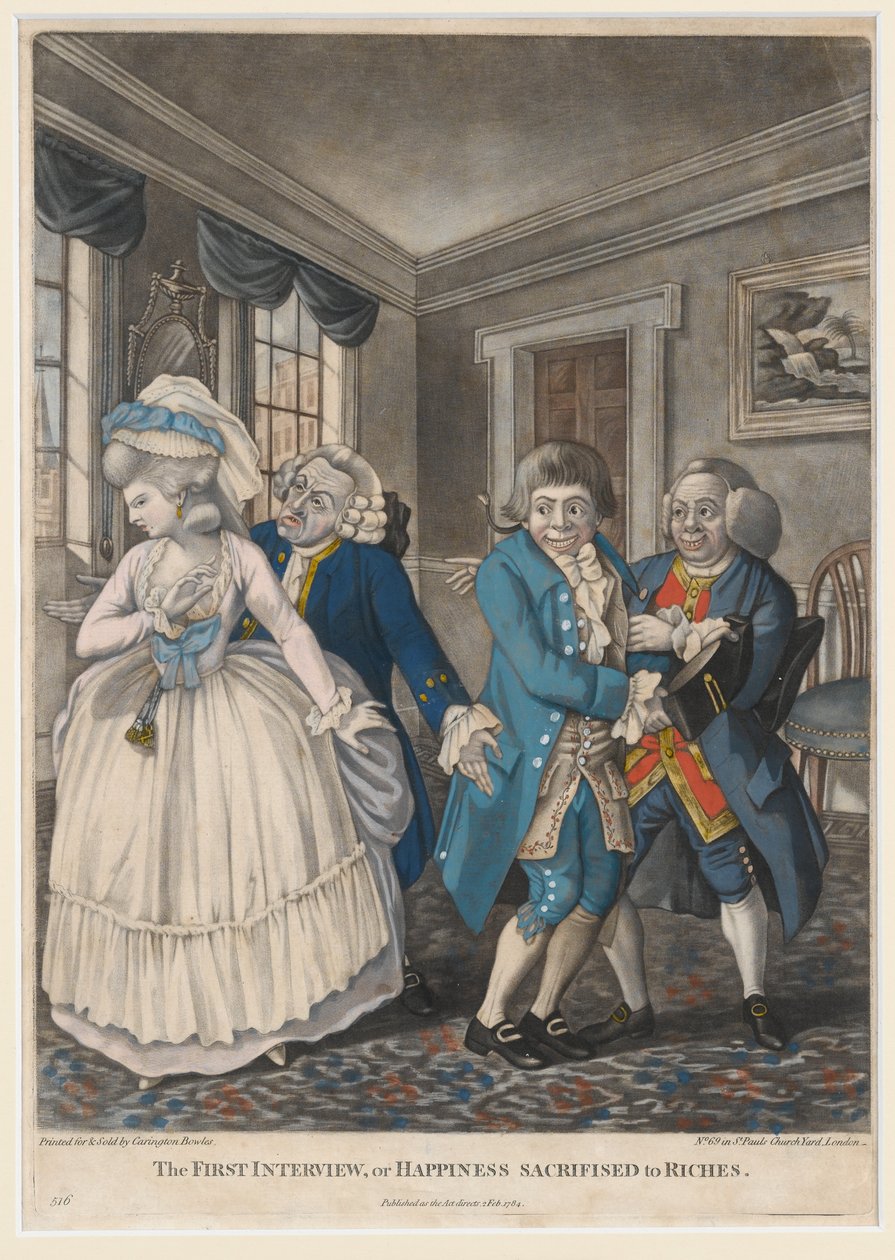 A Primeira Entrevista, ou Felicidade Sacrificada às Riquezas, 1784 (mezzotint colorido à mão) de English School