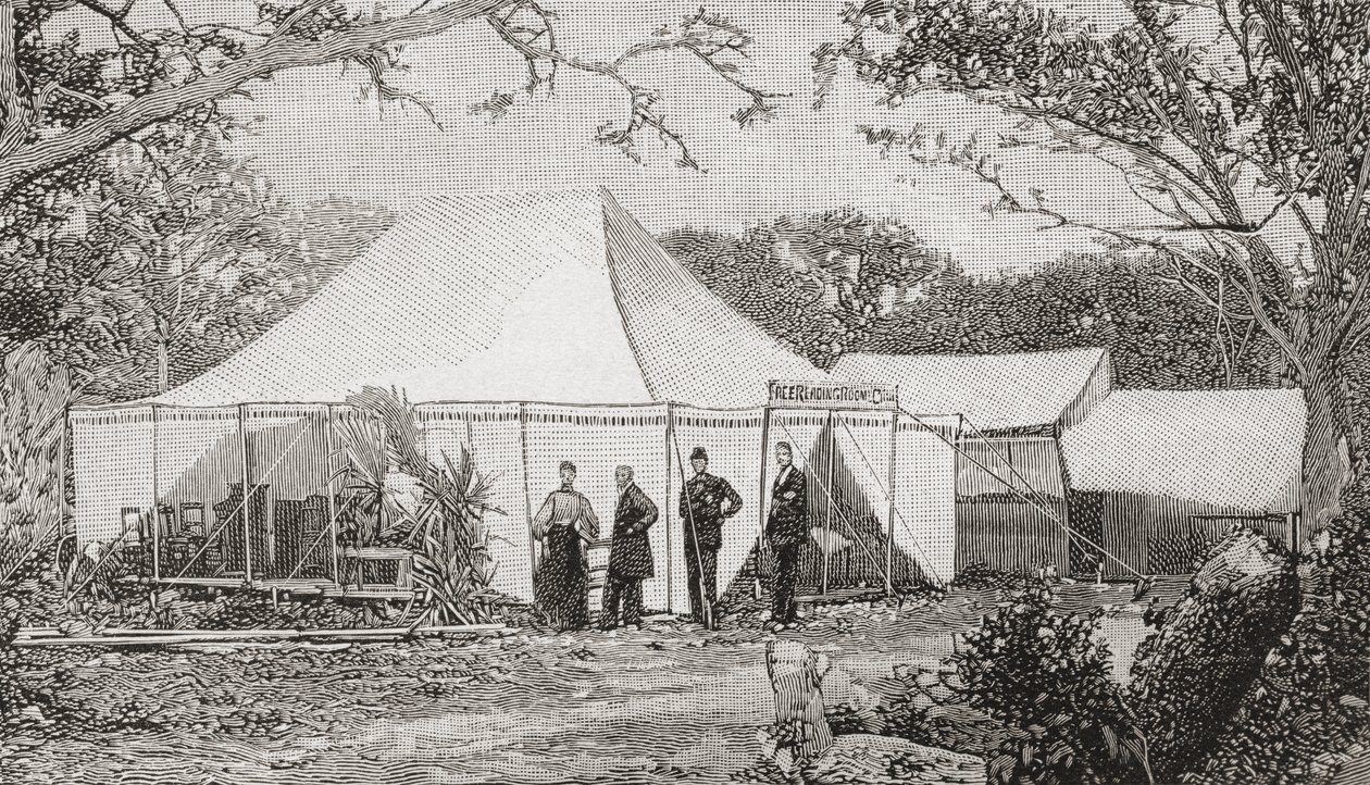 A Primeira Igreja Presbiteriana, Miami, Flórida, Estados Unidos da América, no final do século XIX. A igreja, fundada pelo Reverendo Henry Keigwin em 1896, teve início num restaurante de tábua dura antes dos cultos se mudarem para uma tenda. De The Strand  de English School
